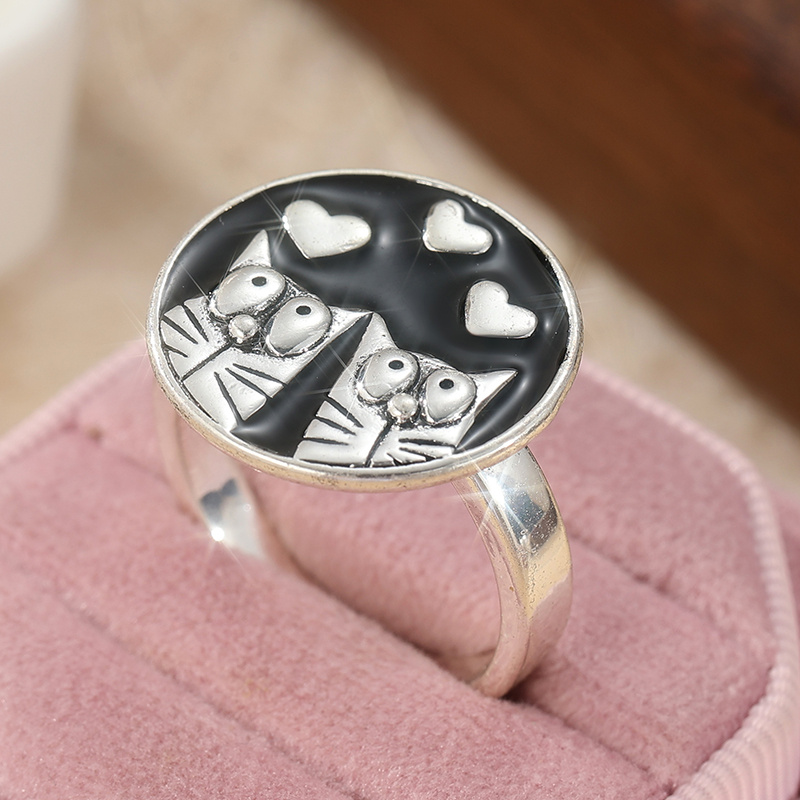 Cute Retro Cat Heart Rings, Simple Accessories for Ladies